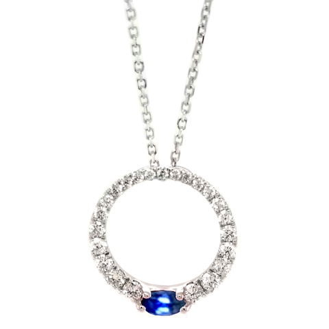Vertical 18K White Gold Diamond and Sapphire Circle Diamond Pendant Necklace