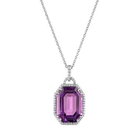 Vertical 14K White Gold Amethyst and Diamond Pendant Necklace