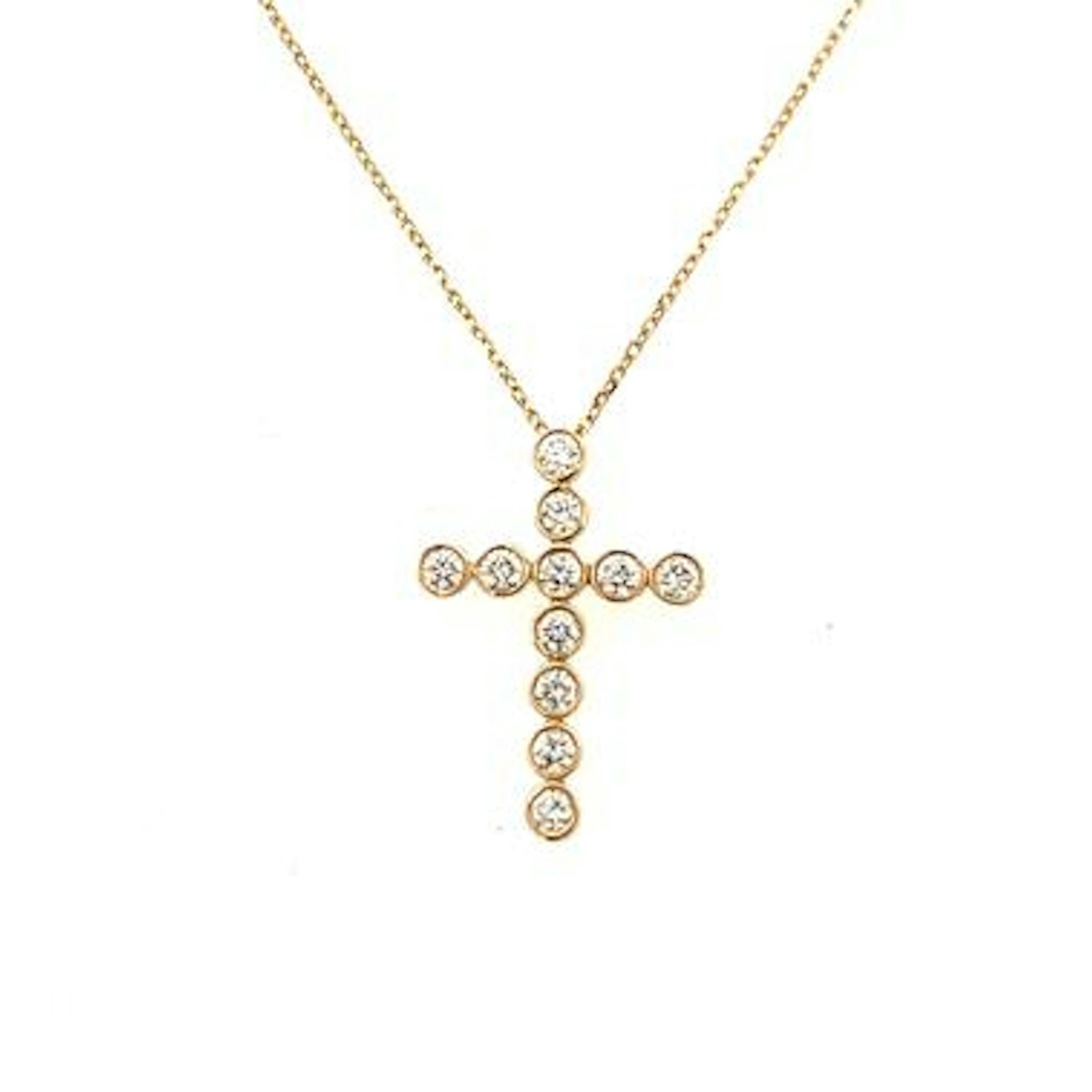 Vertical 14K Yellow Gold Diamond Bezel Cross Pendant Necklace