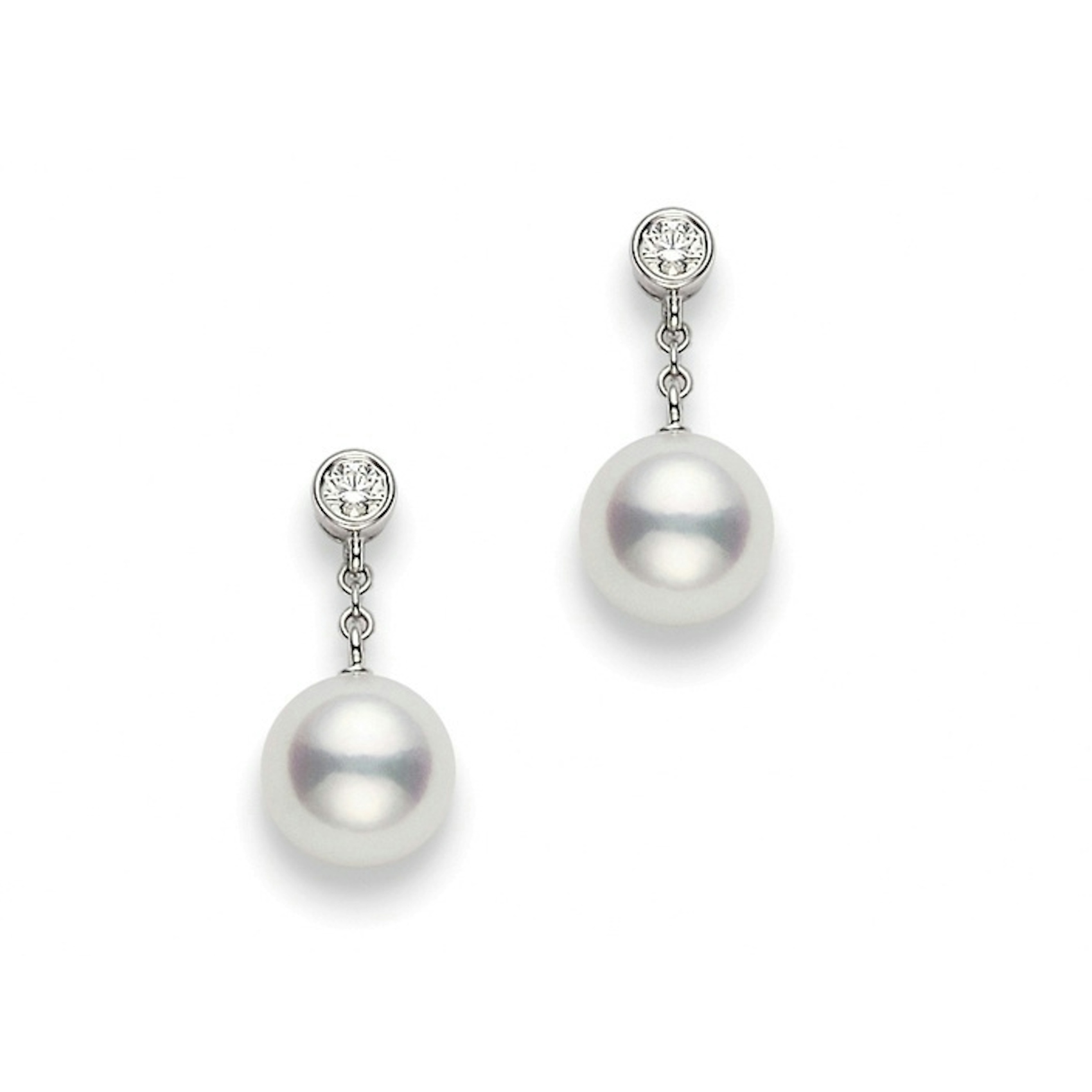 Vertical 18K White Gold 8MM Akoya and Diamond Drop Earrings