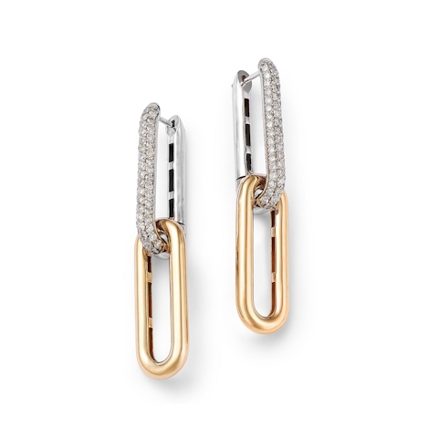 Vertical 14K Yellow and White Gold Pave Diamond Paperclip Earrings