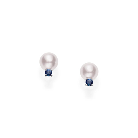 Vertical 18K White Gold 8-8.5MM A+ Pearl and Sapphire Stud Earrings
