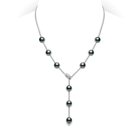 Vertical 18K White Gold 8MM Black South Sea Pearl and Diamond Lariat