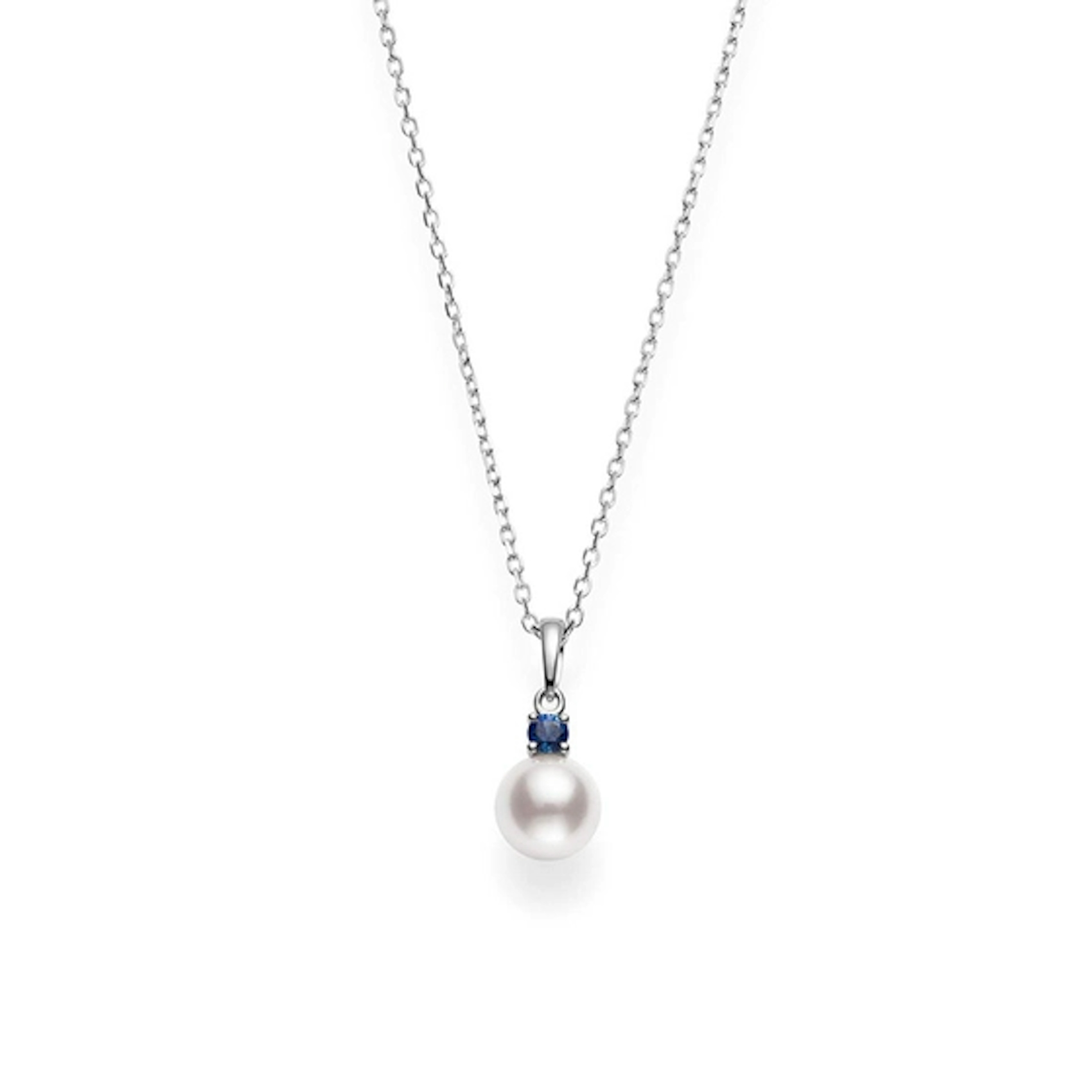 Vertical 18K White Gold 8-8.5MM A Akoya Pearl and Sapphire Pendant Necklace