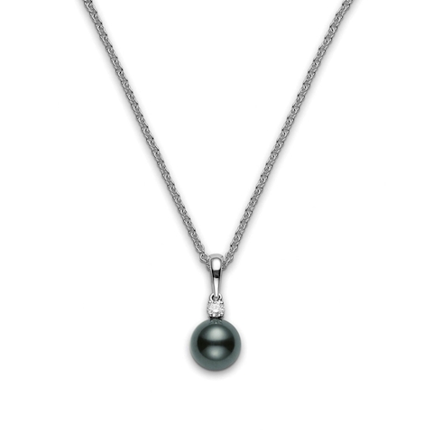 Vertical 18K White Gold 9MM A+ Black South Sea Pearl and Diamond Pendant