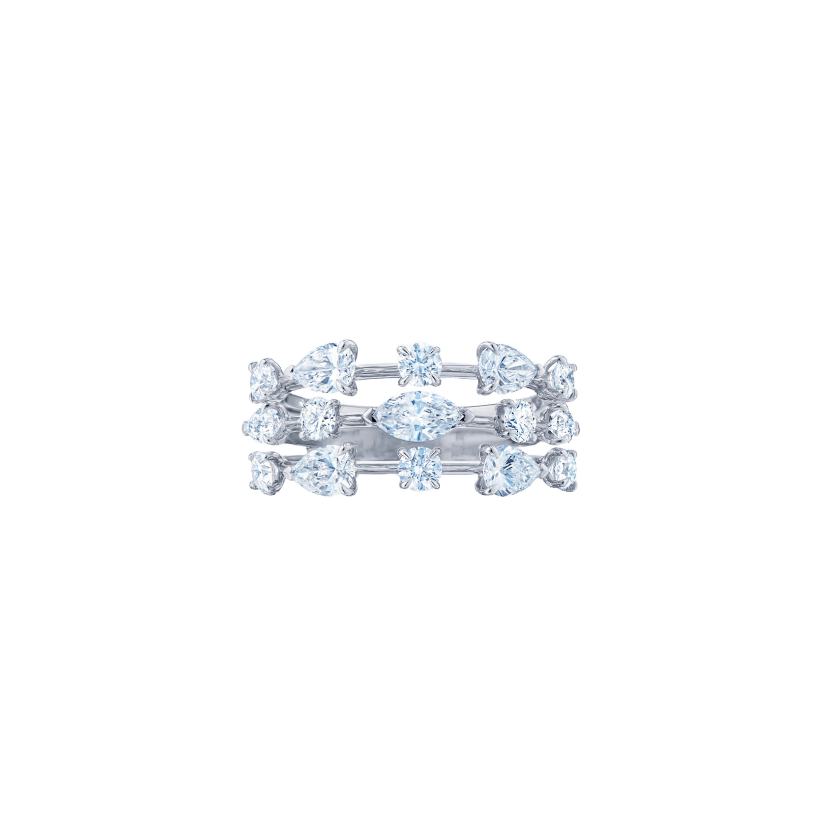 Vertical 18K White Gold Starry Night Diamond Three Row RIng