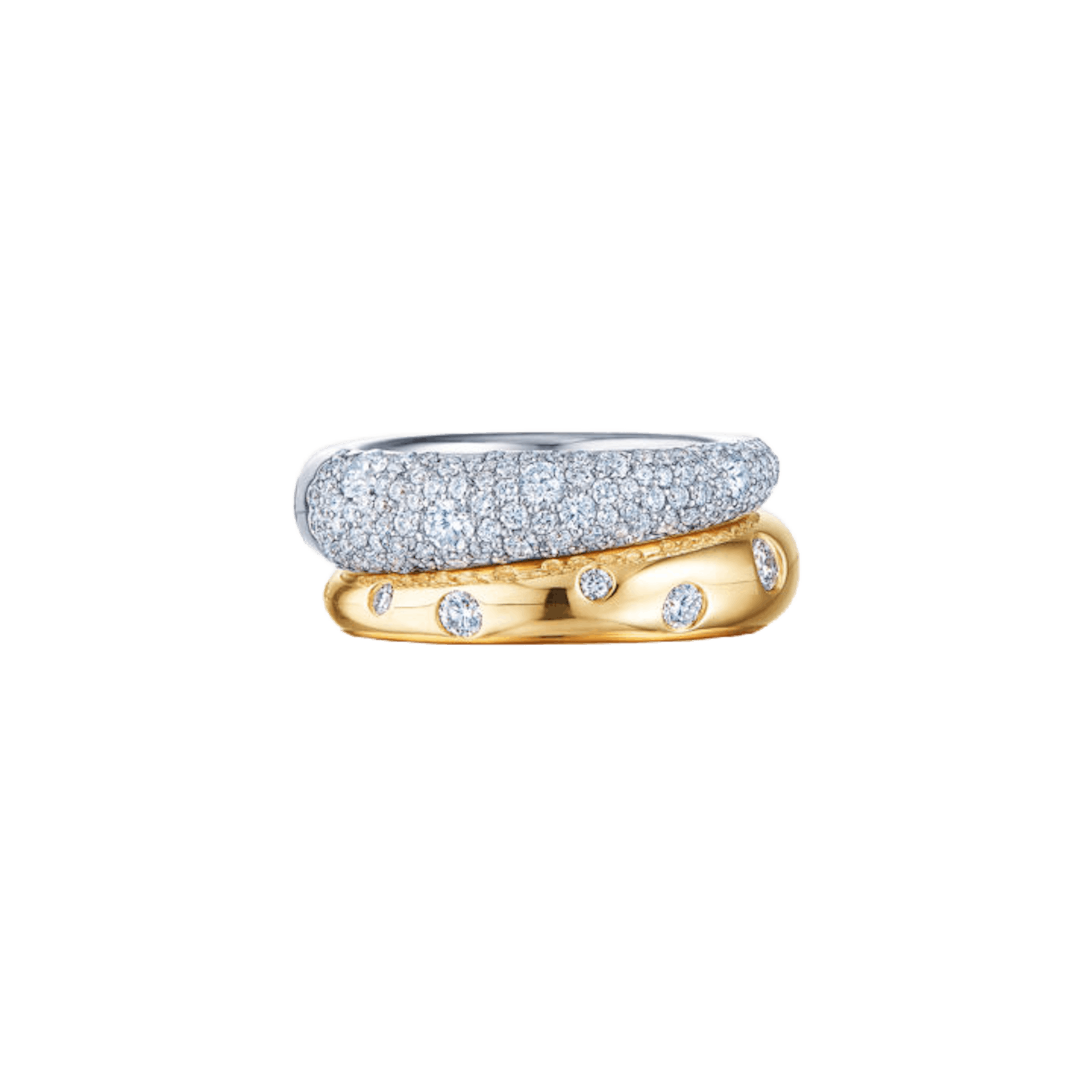 Vertical 18K Yellow and White Gold Cobblestone Pave Diamond Double Band