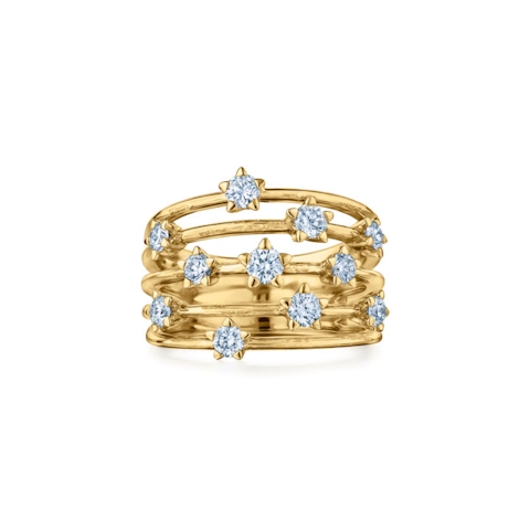 Vertical 18K Yellow Gold Starry Night Star-Set Diamond Multi-Row Ring