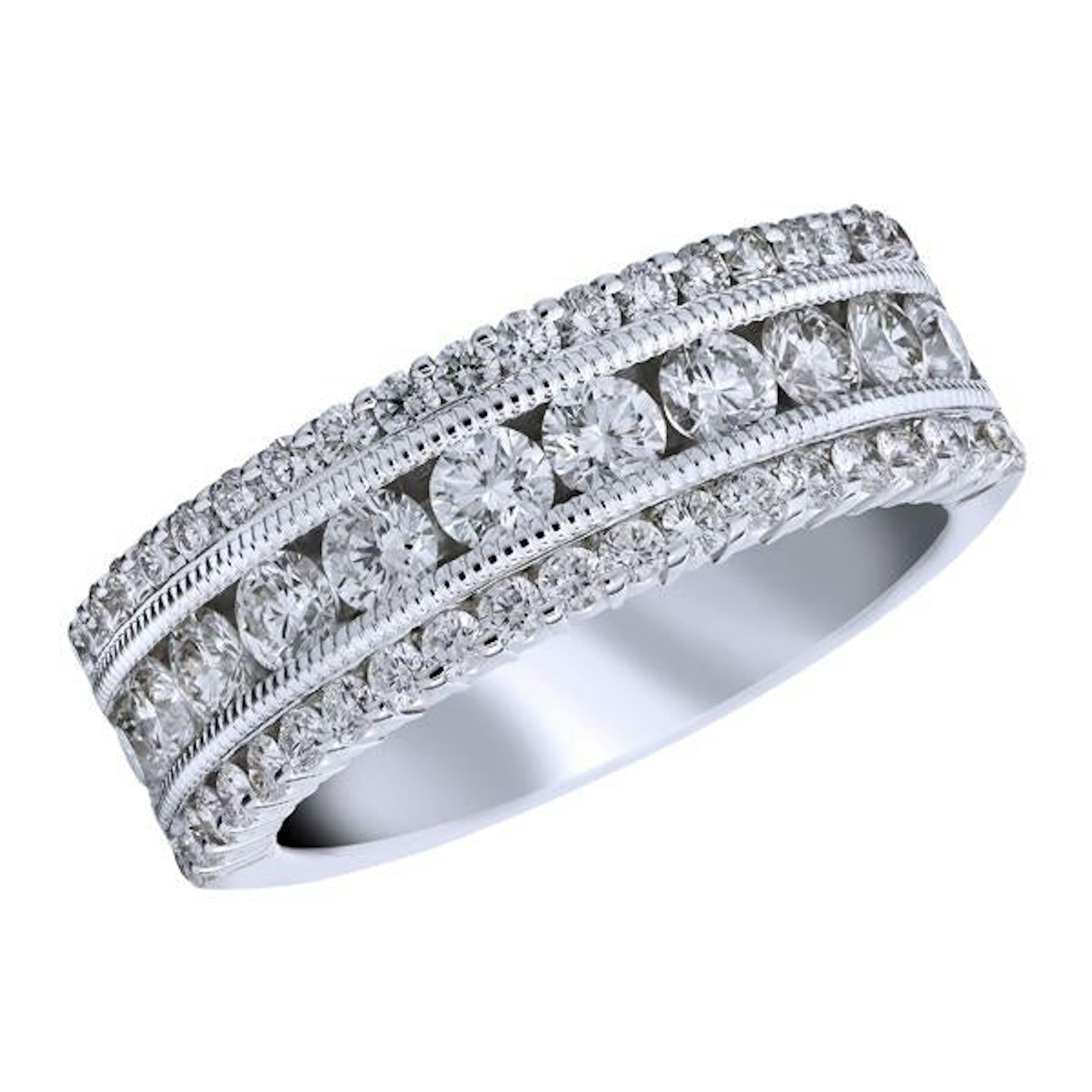 Vertical 18K White Gold Diamond Three Row Band