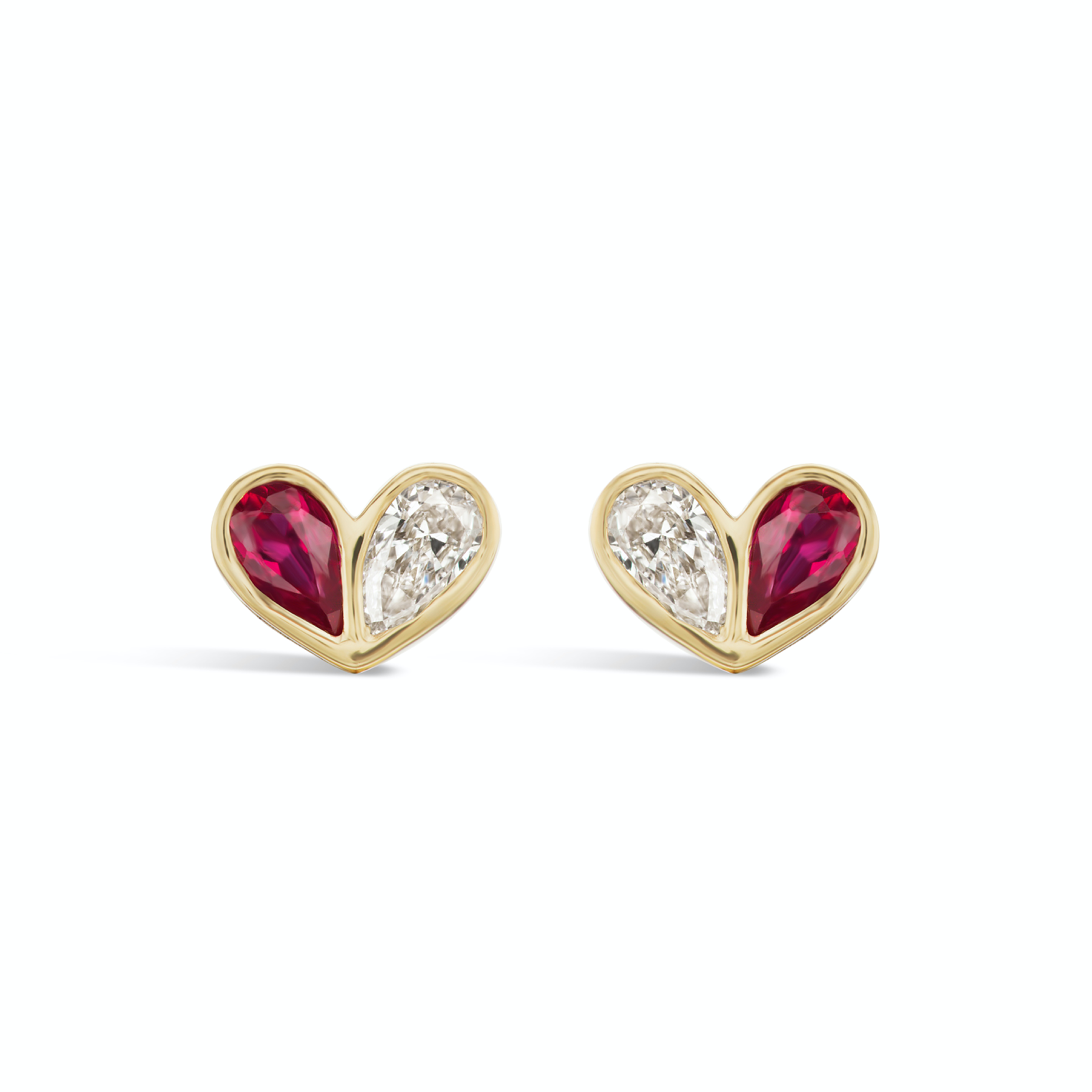 Vertical 18K Yellow Gold Sweetheart Diamond & Ruby Mini Studs