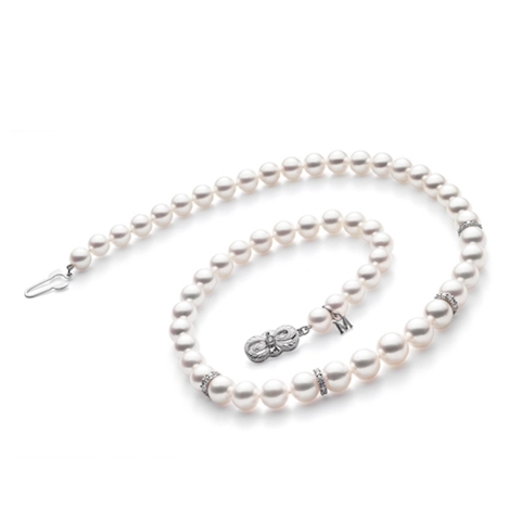 Vertical 18K White Gold 7-9MM A1 Akoya Pearl and Diamond Strand