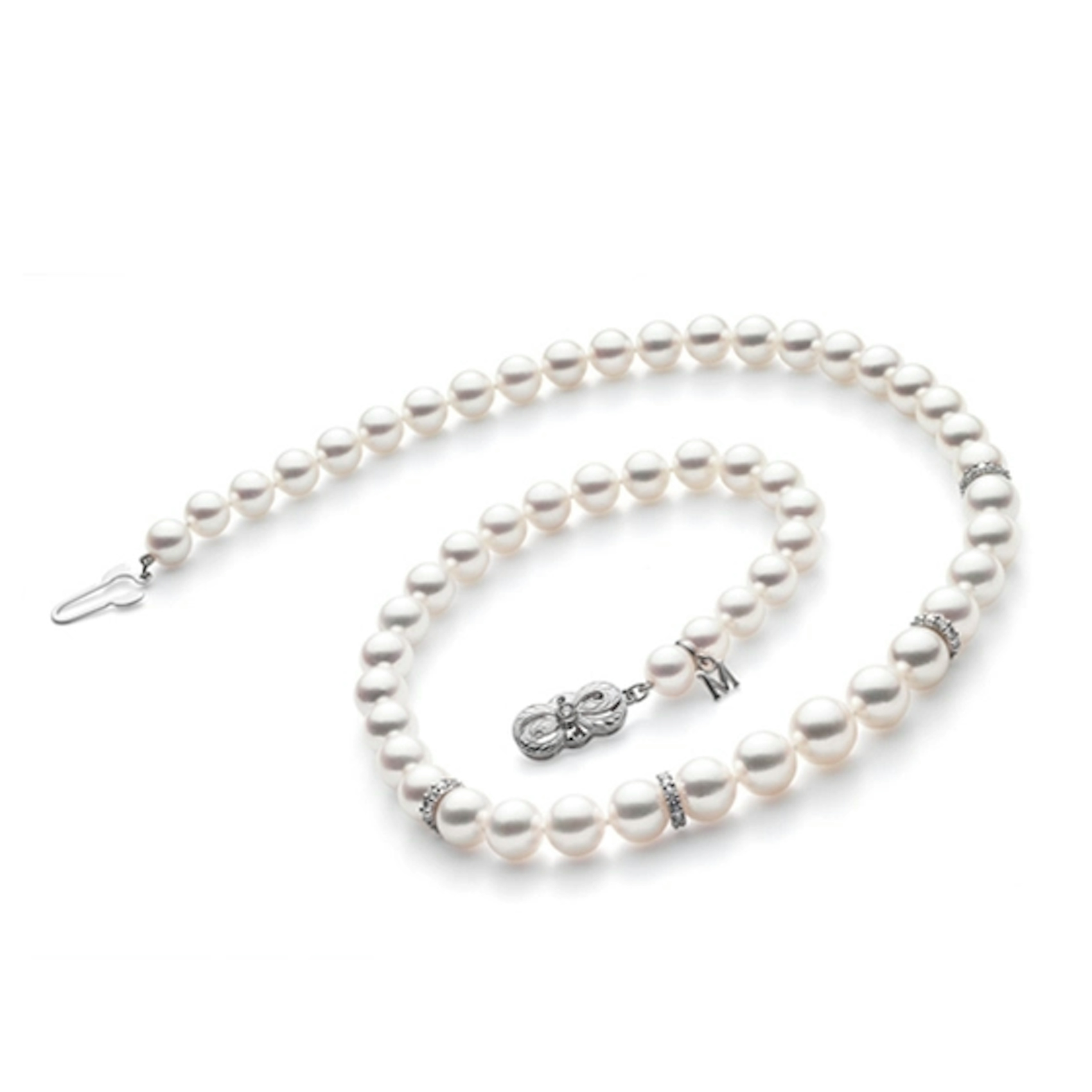 Vertical 18K White Gold 7-9MM A1 Akoya Pearl and Diamond Strand