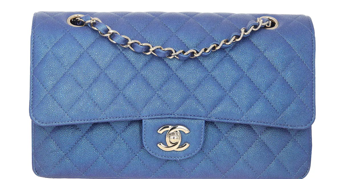 Chanel Quilted Iridescent Caviar Classic Double Flap Medium Blue
