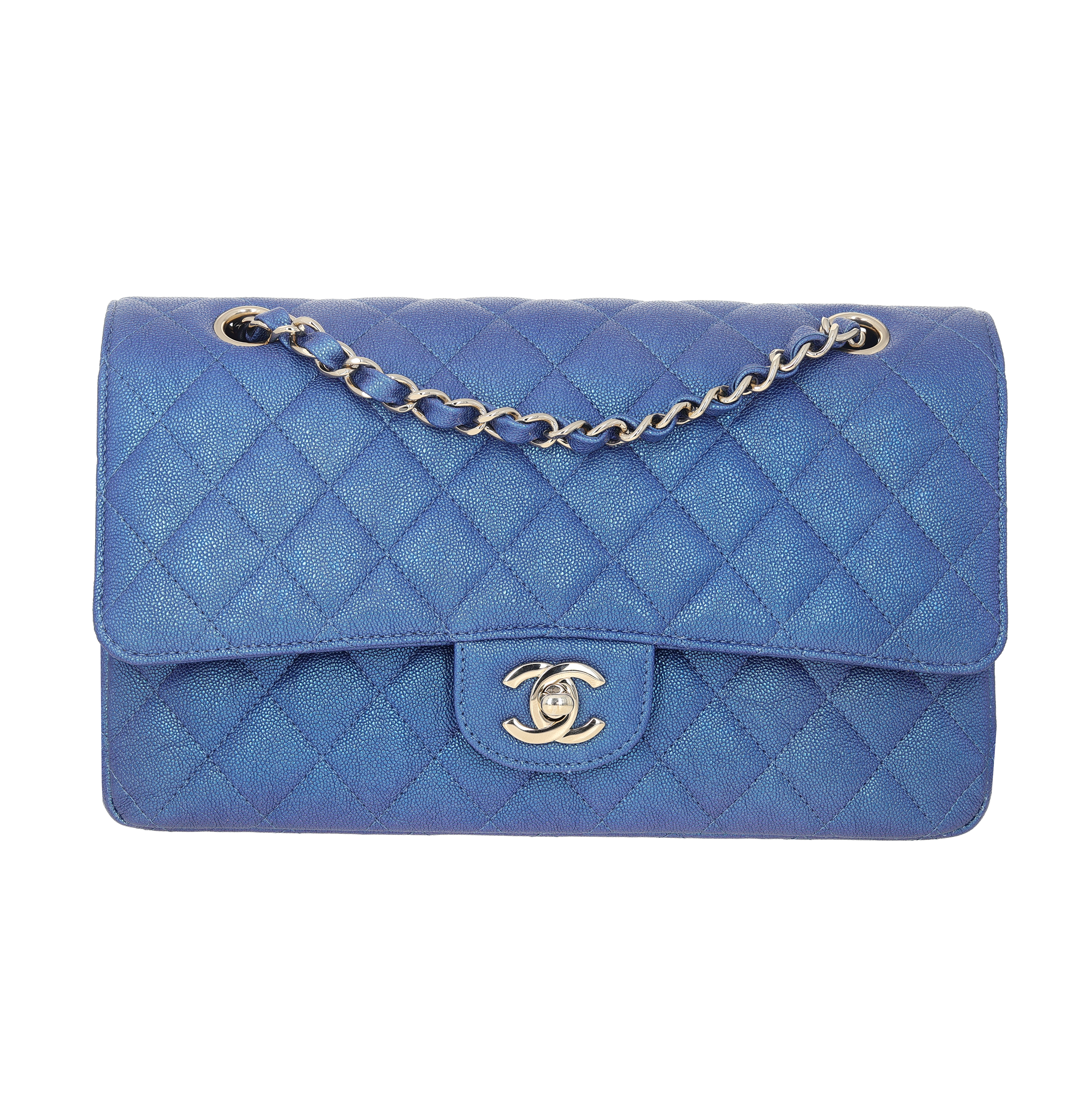 Chanel Quilted Iridescent Caviar Classic Double Flap Medium Blue