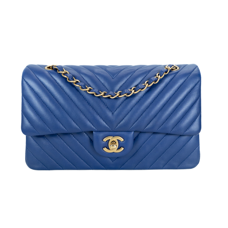 Image #1 Chevron Lambskin Double Flap Medium Blue