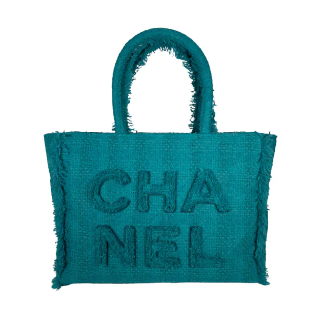 Chanel Quilted Tweed Giant Logo Shopping Bag Medium Green