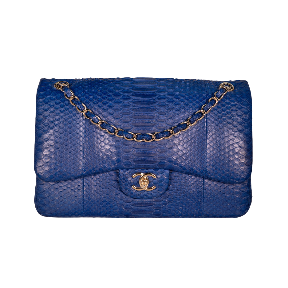 Pre-Owned Chanel Python Classic Double Flap Jumbo Blue