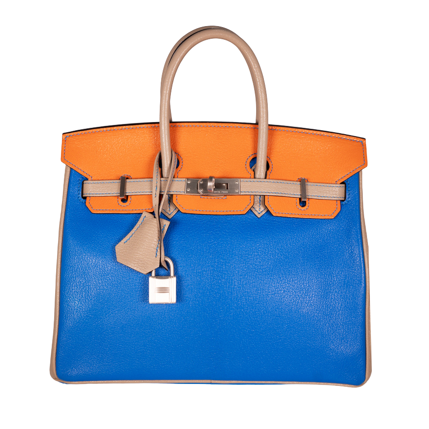 Hermès Chevre Mysore Birkin 25 Tricolor Bleu Hydra/Gris Tourterelle/Mangue