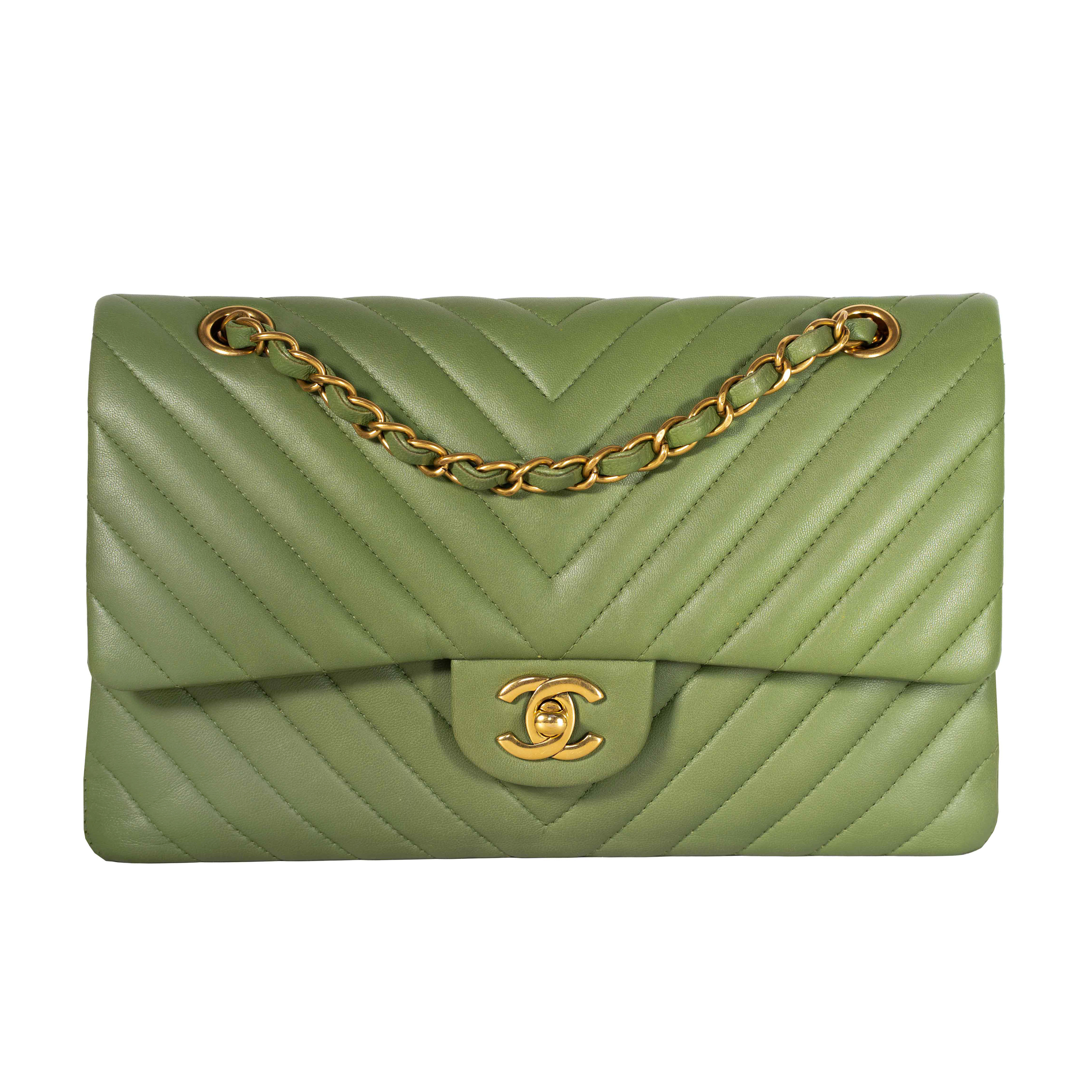 Image #1 Chevron Lambskin Classic Double Flap Medium Green