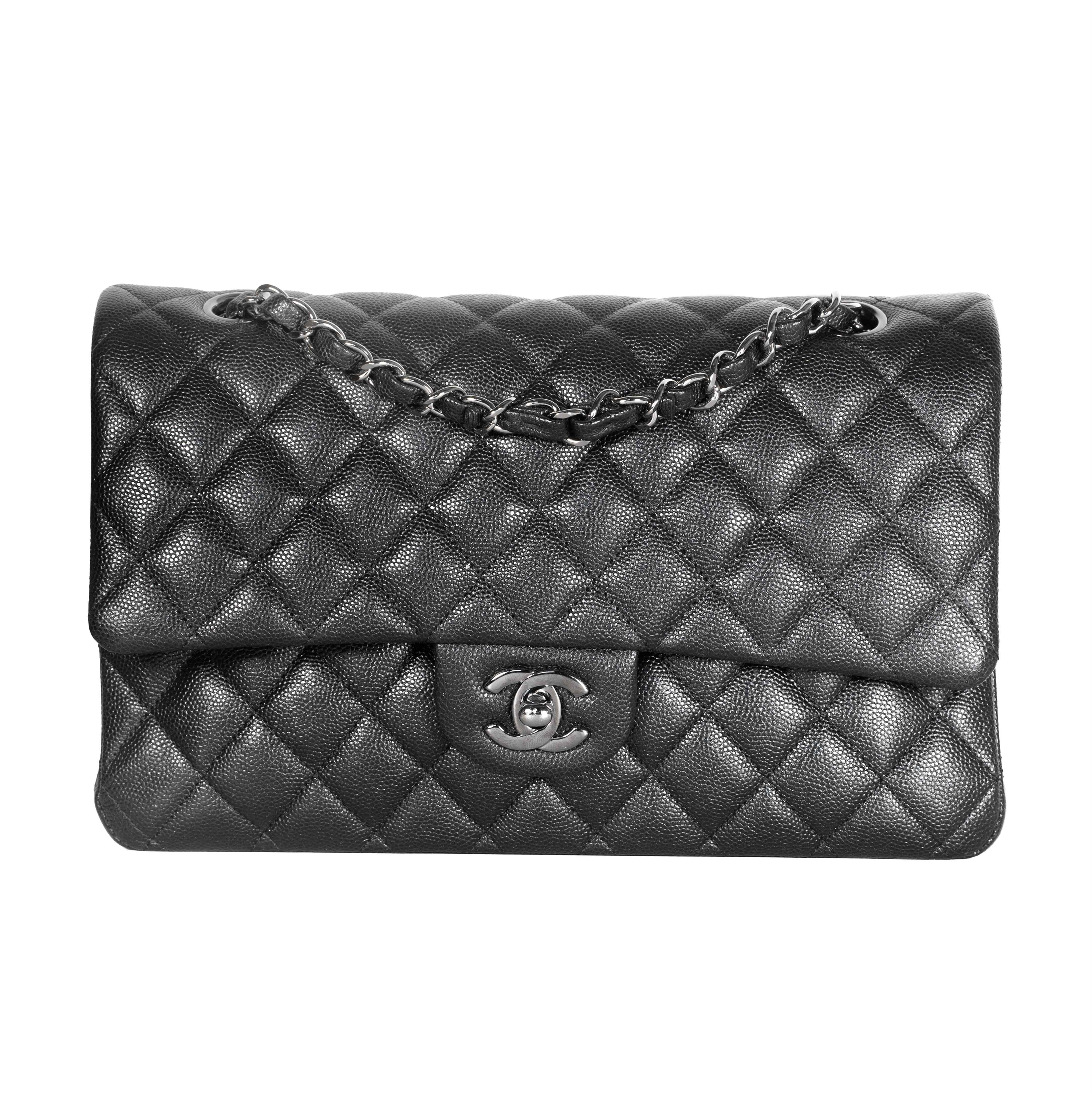 Image #1 Quilted Iridescent Caviar Classic Double Flap Medium Black