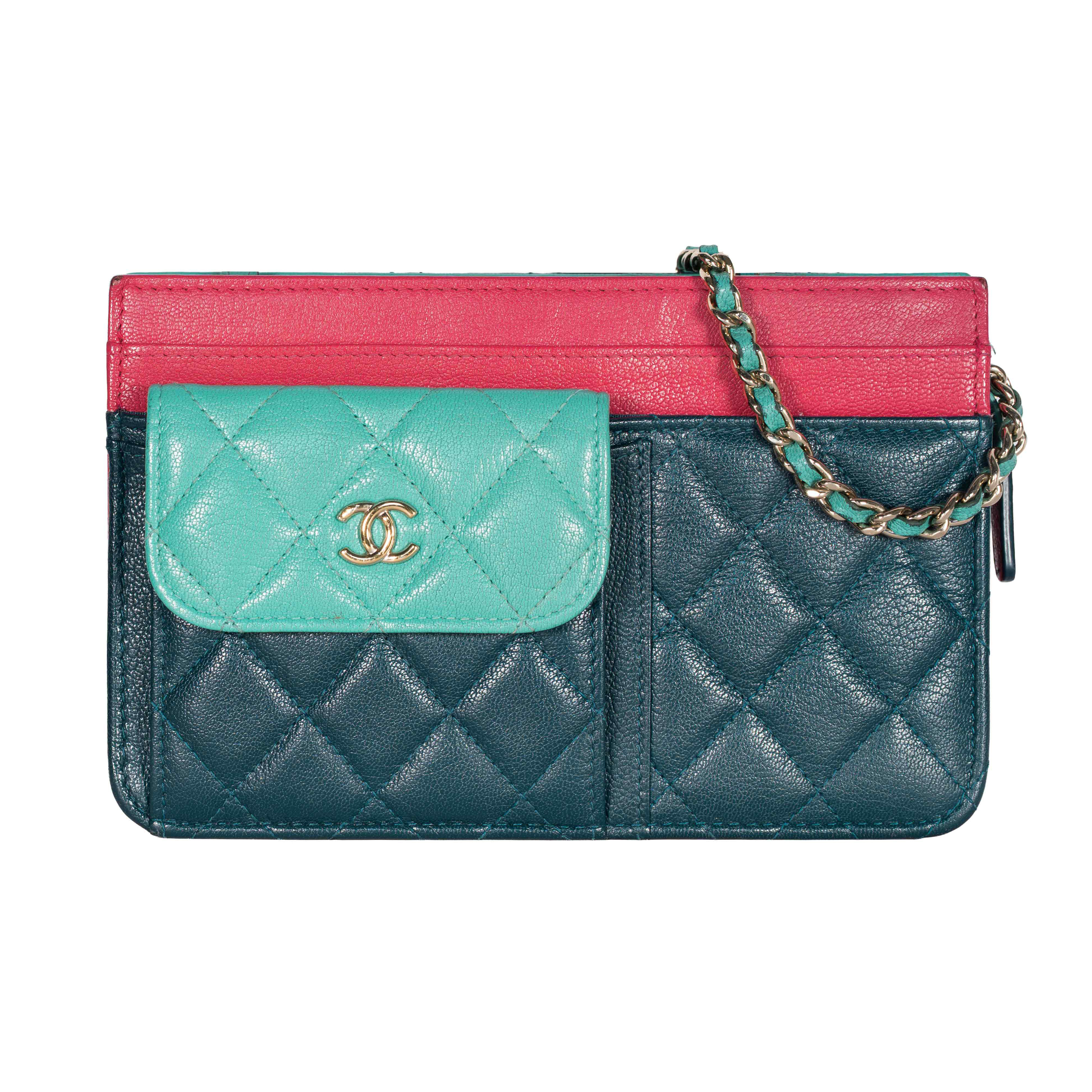 Image #1 Quilted Goatskin In & Out Zip Around Wallet Tricolor Navy Turquoise Pink