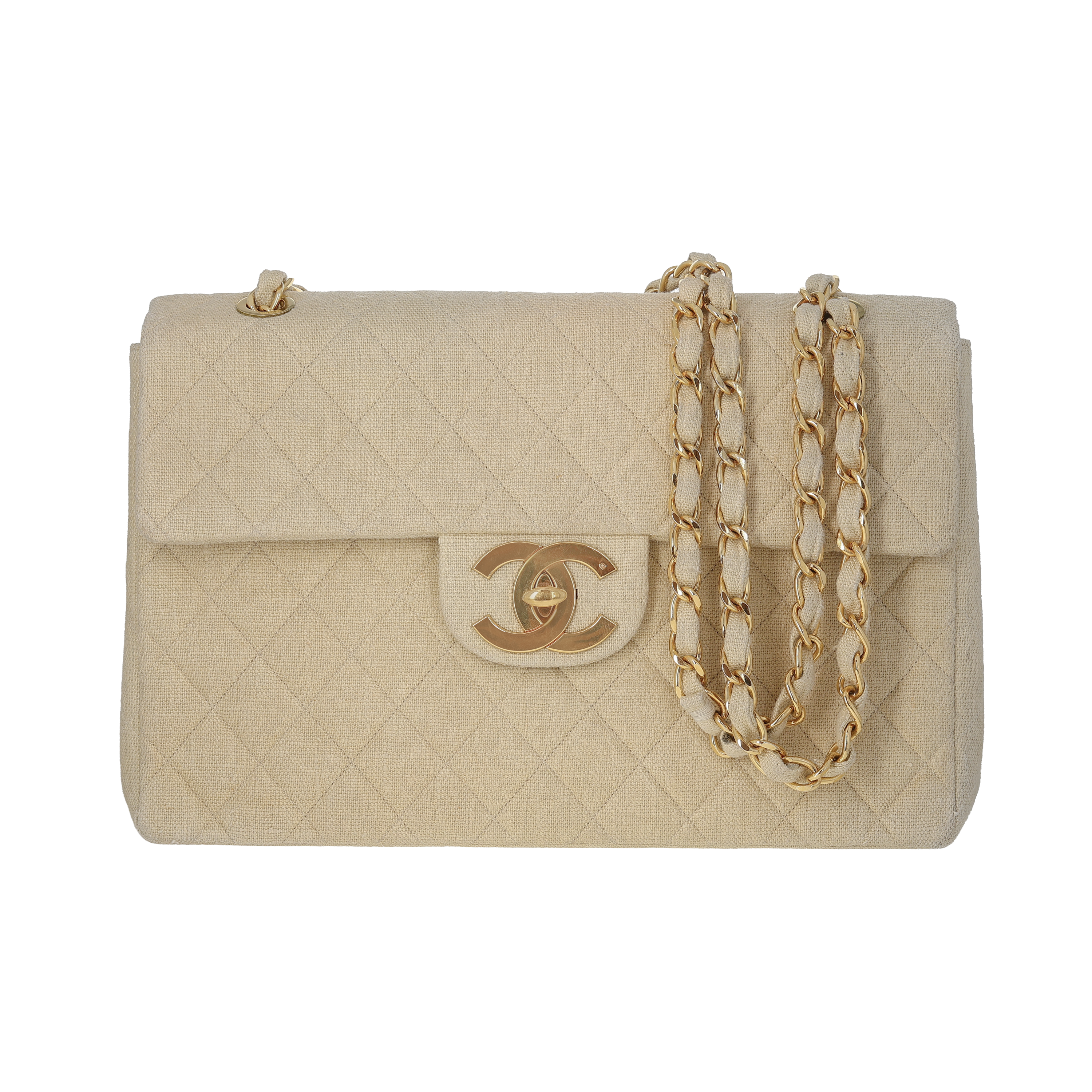 CHANEL ベージュロゴ バッグ Pre-Owned Chanel Quilted Canvas Vintage Classic Single Flap Maxi
