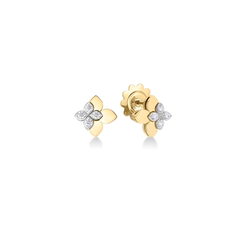 Vertical 18k Yellow and White Gold Love in Verona Diamond Flower Stud Earrings