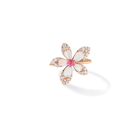 Vertical 18K Rose Gold Tiare Diamond, Rubellite Tourmaline and Mother of Pearl Ring