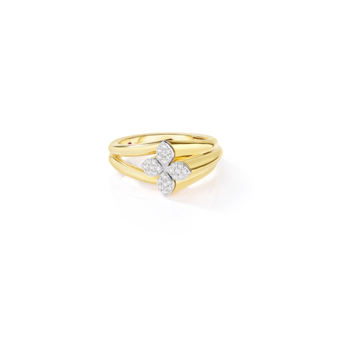 Vertical 18K Yellow and White Gold Love In Verona Diamond Flower 2-Row Ring