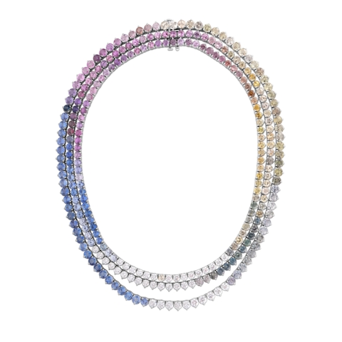 Vertical Platinum Multi-Sapphire and Diamond Three-Row Necklace