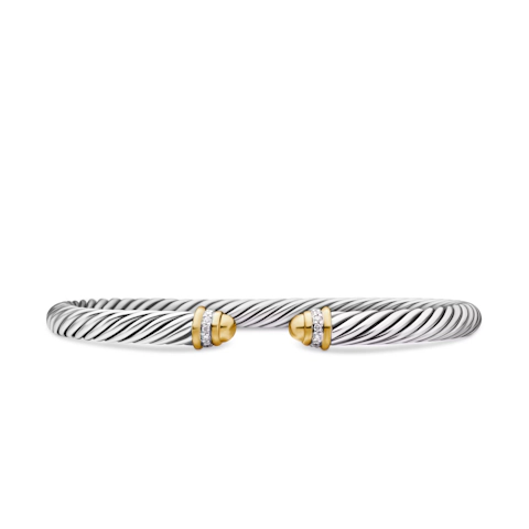 Vertical Classic Cable Bracelet in Sterling Silver with 18K Yellow Gold, Gold Domes and Diamonds, 5mm