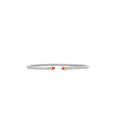 Vertical Micro Cable Flex® Bracelet Sterling Silver with 14K Yellow Gold and Pink Tourmalines, 2.6mm