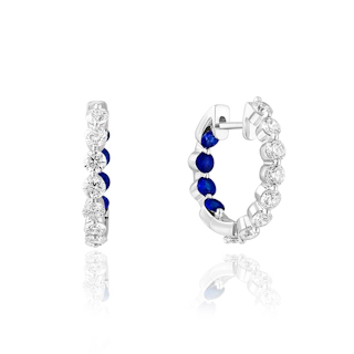Vertical 14k White Gold Diamond & Sapphire Inside-Outside Huggie Hoop Earrings