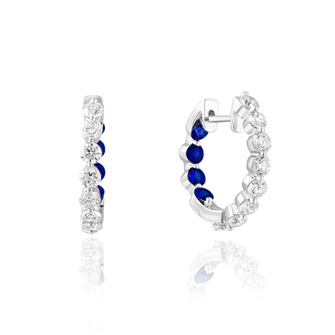 Vertical 14k White Gold Diamond & Sapphire Inside-Outside Huggie Hoop Earrings