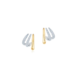 Vertical 18K Yellow Gold/White Gold Pave Diamond Huggie Earrings