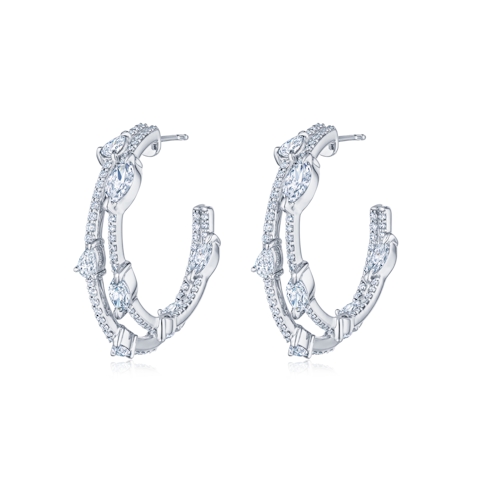 Vertical 18K White Gold Round, Pear, and Marquise Diamond Double Hoop Earrings