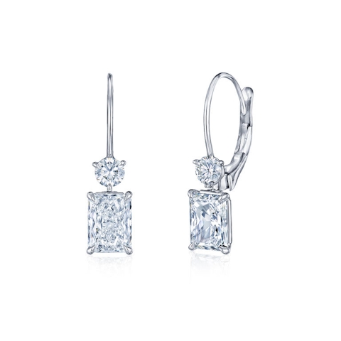 Vertical Platinum Round and Radiant Diamond Earrings