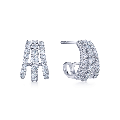 Vertical 18K White Gold Lyric 3-Row Diamond Huggie Cuff Earrings