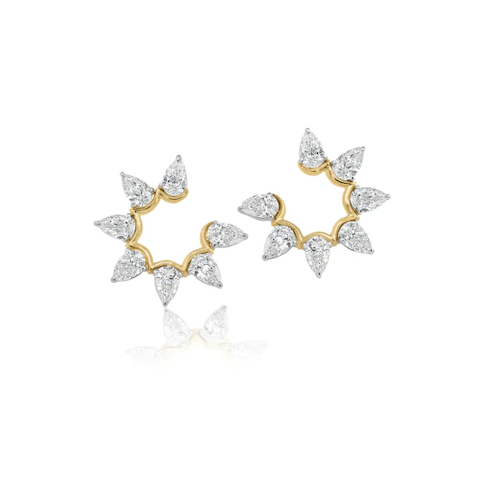 Vertical 18K Yellow Gold and Platinum Diamond Fan Earrings