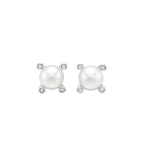 Vertical Pearl Stud Earrings Sterling Silver with Pearls and Diamonds, 7.4mm