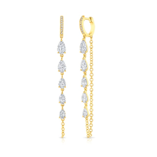 Vertical 18k Yellow Gold Pear-Shaped Diamond Drop Huggie Chain Earrings