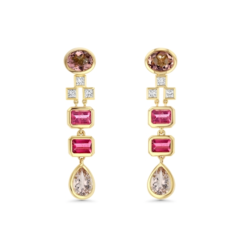 Vertical 18K Yellow Gold Diamond, Tourmaline and Morganite Drop Earrings