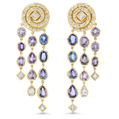 Vertical 18K Yellow Gold Diamond, Purple and Blue Sapphire Drop Earrings