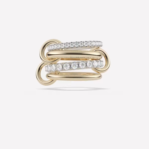 Vertical 18K Yellow Gold and White Gold Halley Pave Diamond 4-Row Linked Ring