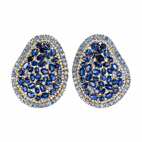 Vertical 18K Yellow Gold Oval and Cushion Blue Sapphire and Diamond Earrings