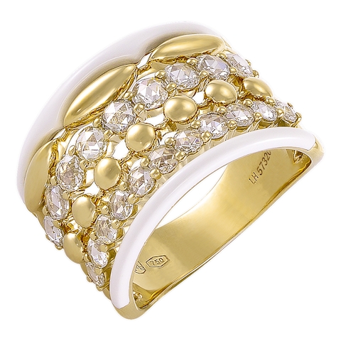 Vertical 18K Yellow Gold White Ceramic and Rose Cut Diamond Beaded Ring