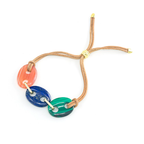 Vertical 18K Yellow Gold Mariner Mixed Carved Stones and Diamond Leather Cord Bracelet
