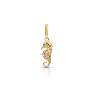 Vertical 18K Yellow Gold Mini Seahorse Mixed Gemstone and Diamond Pendant