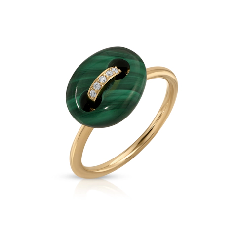Vertical 18K Yellow Gold Mini Mariner Malachite and Diamond Ring