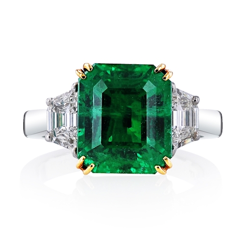 Vertical Platinum/18K Yellow Gold Emerald and Diamond Three-Stone Ring